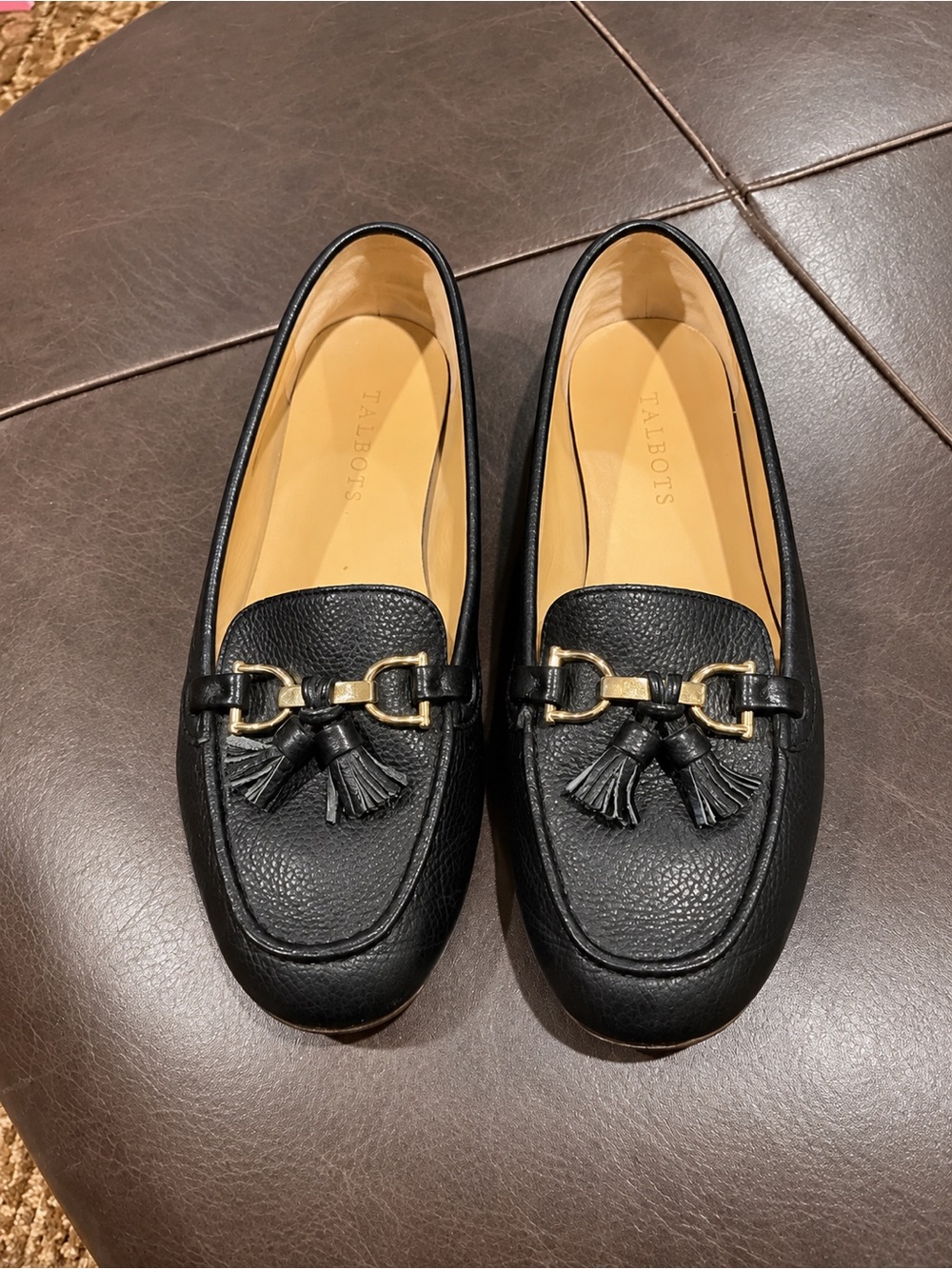 Talbots Black Leather Tassel Loafers with Gold Hardware